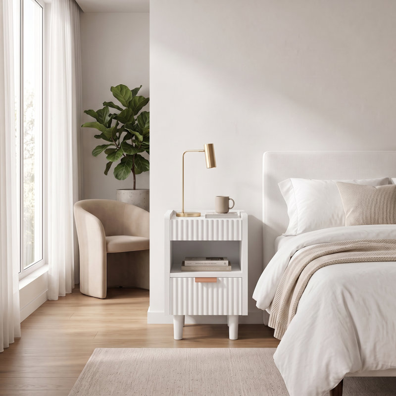 Table de chevet 2 tiroirs avec tablette de rangement ouverte, table de bout avec panneau cannelé pour chambre à coucher et salon (ensemble de 2)