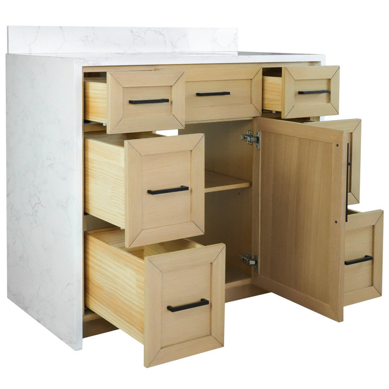 Akalya 42'' Waterfall Bathroom Vanity with Engineered Stone Vanity Top, Blonde/White