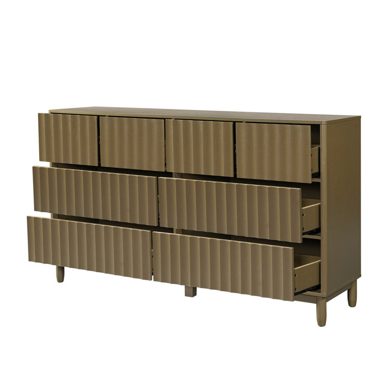 Commode à 8 tiroirs en bois cannelé de 63 po de largeur, commode Mid-Century moderne avec façades de tiroirs en roseau