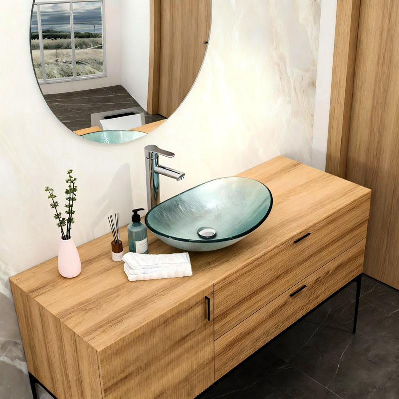 Évier artistique artistique en verre trempé, bonde escamotable, idéal pour les salles de bain à thème côtier, lavabo en verre à hauteur de produit de 6,19 pouces, mécanisme intégré, divers réglages appropriés,