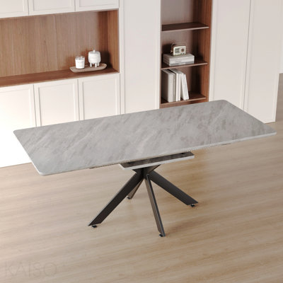 62.4" Extendable 78.15"Very Large Gray Dining Table Modern Mid-Century Kitchen Table Set For Dining Room, Party Table,Conference Table,Black Metal X Shape Legs.