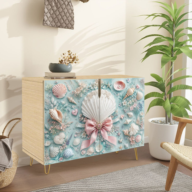 Buffet Buffet avec rangement Seashell Floral Composition Rose Bow Bleu clair avec 2 portes pour le salon et la cuisine