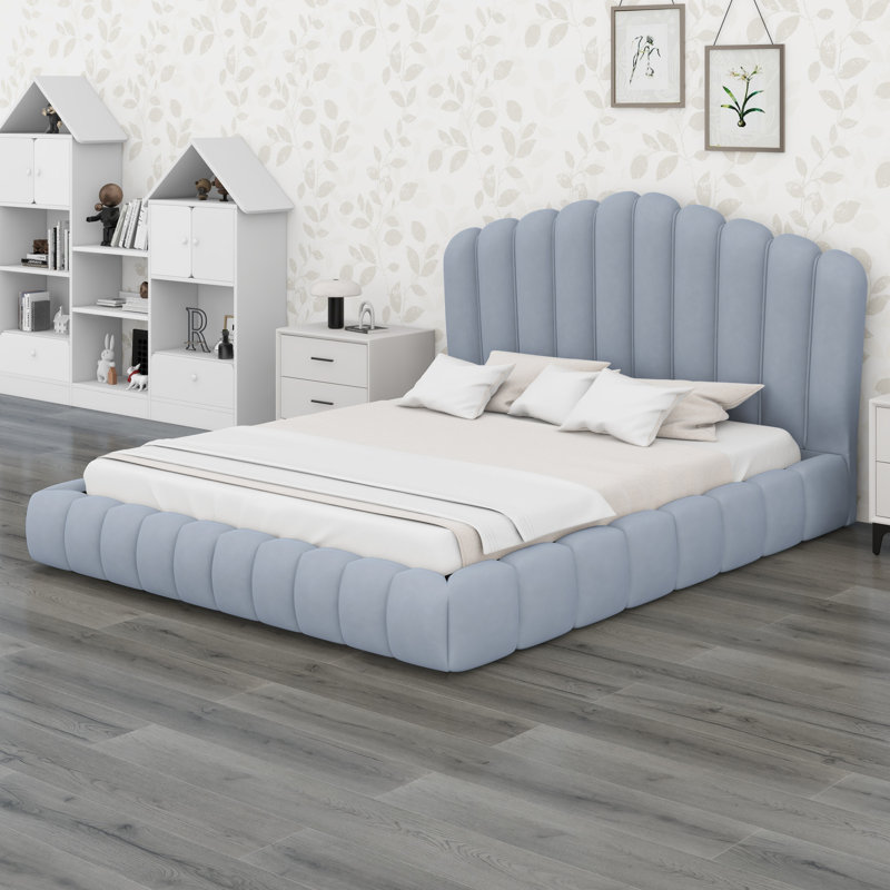 Upholstered Bed Frame Floor Bed Shell-Shaped Headboard, Light Blue