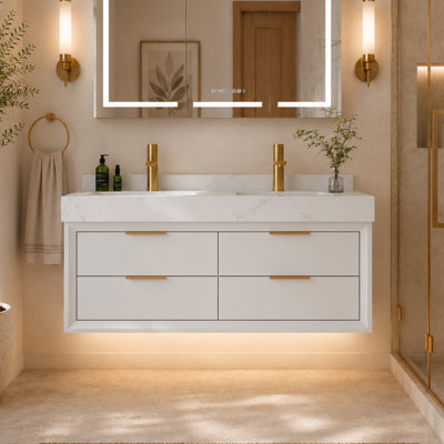 Ensemble de meuble-lavabo double 48 po avec pierre d'ingénierie, lumière DEL et 4 tiroirs à fermeture en douceur, pré-assemblé