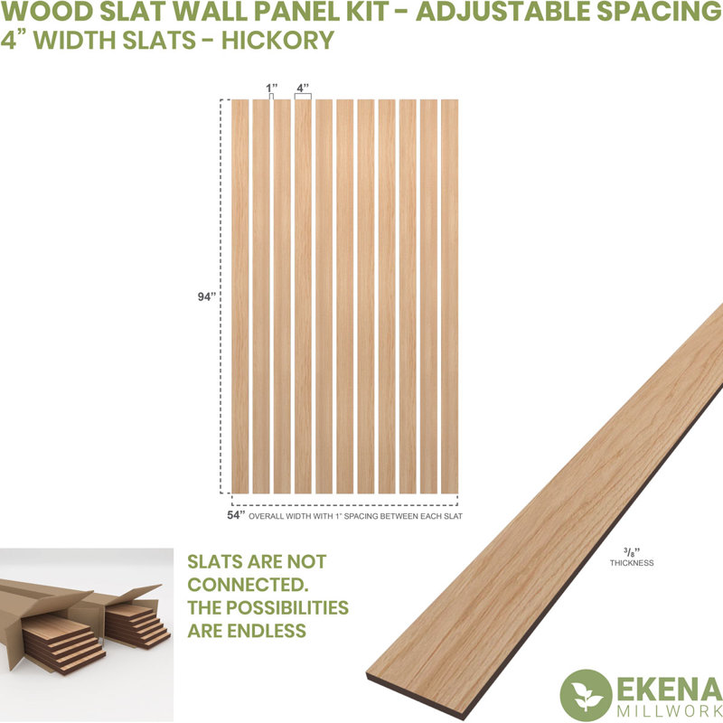 Adjustable Wood Slat Wall Panel Kit, 4"W x 94"H x 0.375"T, Hickory