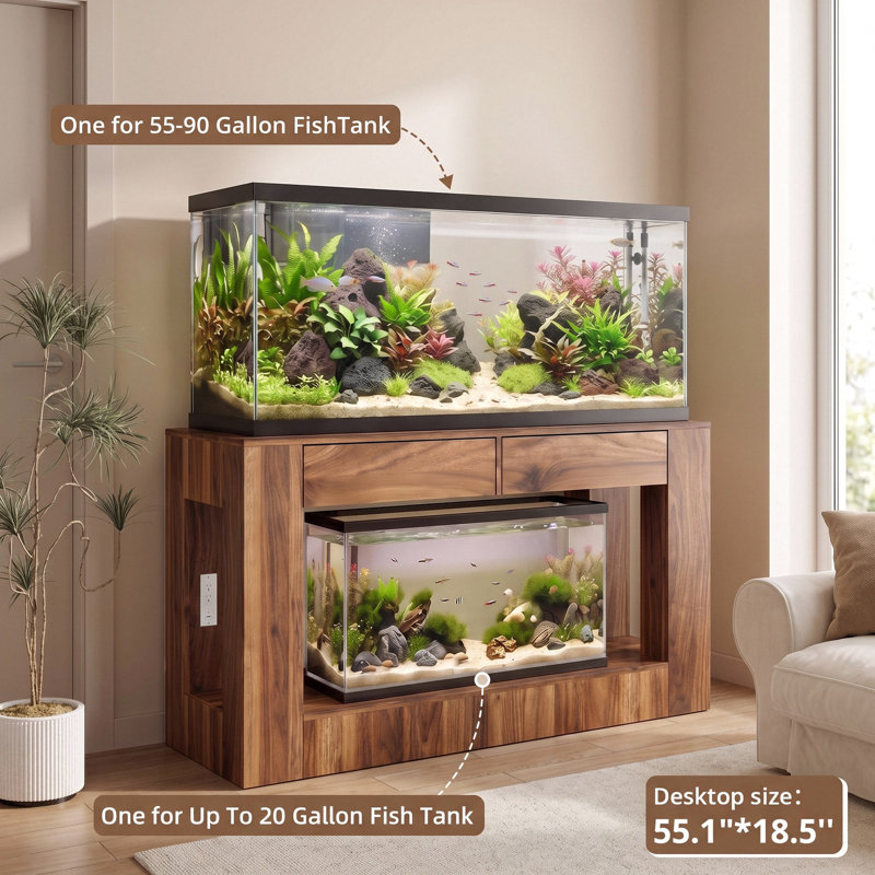 Support d'aquarium Farmhouse 55 à 90 gallons avec prise de courant, support d'aquarium en bois avec 2 tiroirs, support de réservoir de reptile robuste à 2 niveaux, capacité de 1000 lb