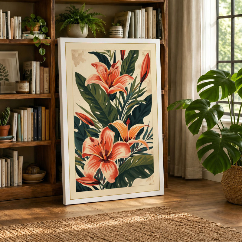 Flowering Plant Study Botanical - Wrapped Canvas, 18x12 - 45.7 x 30.5 cm, Terracotta Border