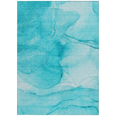 9' X 12' Teal Abstract Washable Non Skid Indoor Outdoor Area Rug