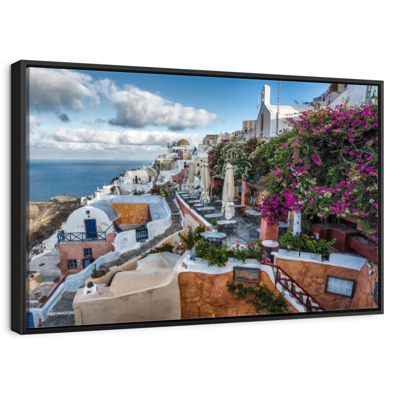 Bougainvilliers et cafés à Oia Santorini, 25 po x 17 po, Cadre flottant noir