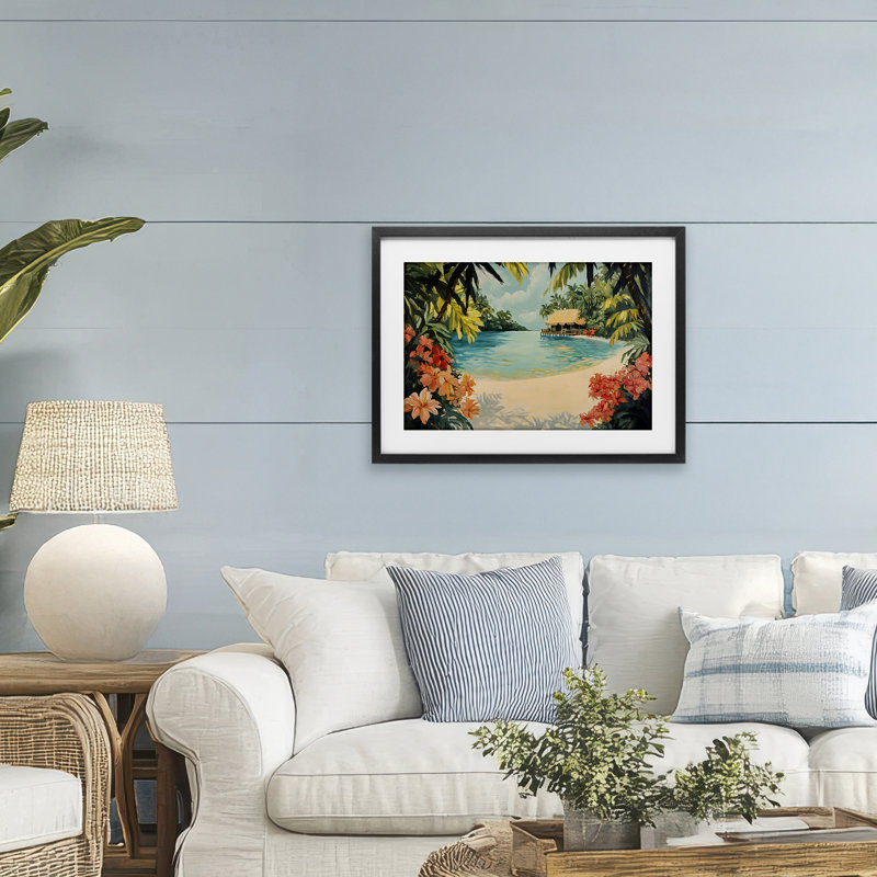 Tropical Bungalow Lagoon, reproduction sous verre encadrée, design par Franklyn Gregory, H 17 po x l 23 po, Cadre noir minuit