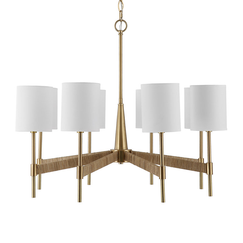 Warm Brass 8-Light Chandelier with White Linen Shades