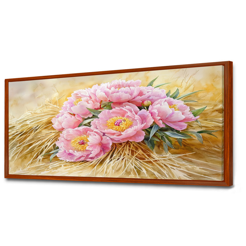 Isaiyah Farm, pivoines le long de la meule de foin II - pivoines, art mural sur toile, H 28 po x l 60 po, Brun