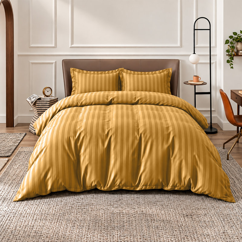 Microfiber Striped Duvet Cover Set with Pillowcases Included, Super King Duvet Cover Set + 2 Pillowcases, Ochre