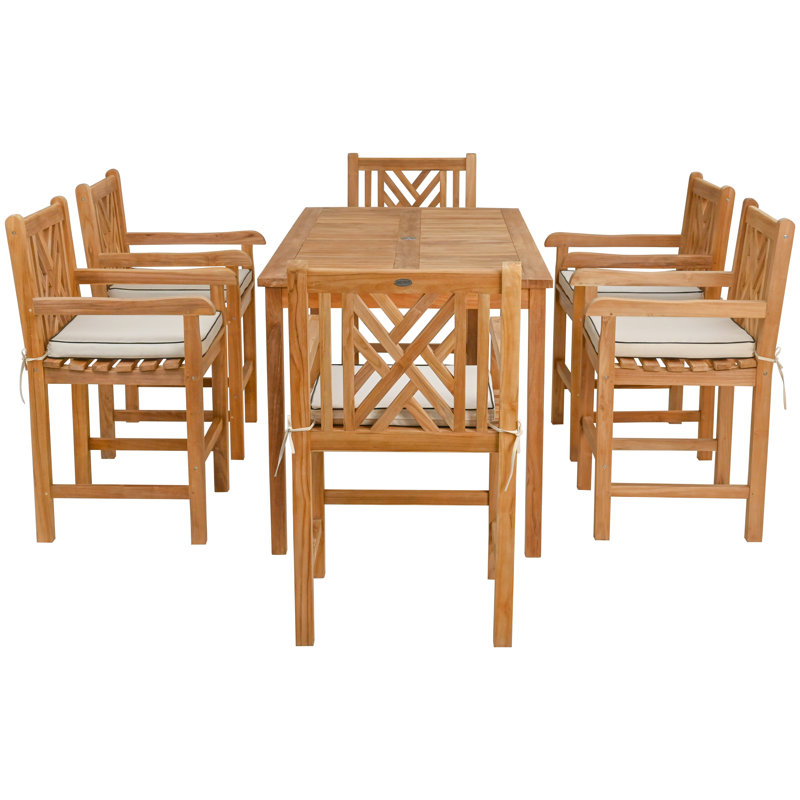 Ensemble de salle à manger 7 pièces rectangulaire en bois de teck 71 po Chippendale comprenant 6 tabourets de comptoir avec accoudoirs