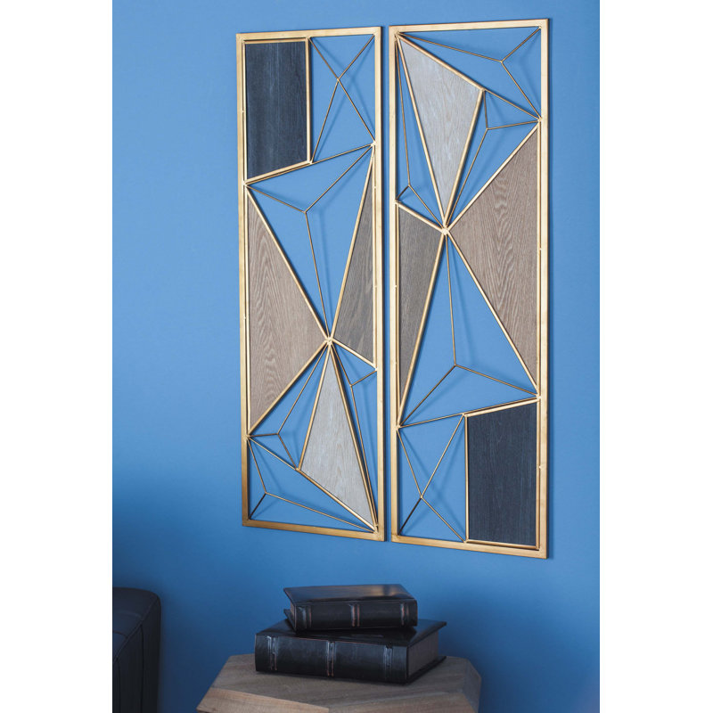 Metal Geometric Brown Wall Decor with Black and Gold Accents Set