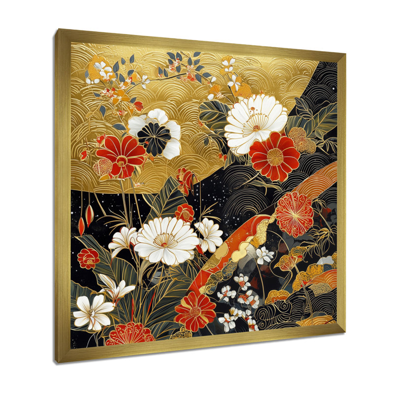 Charmant paysage d'art japonais II - art mural asiatique, 30" H x 30" W, Single Picture Framed Print without Mat, Gold