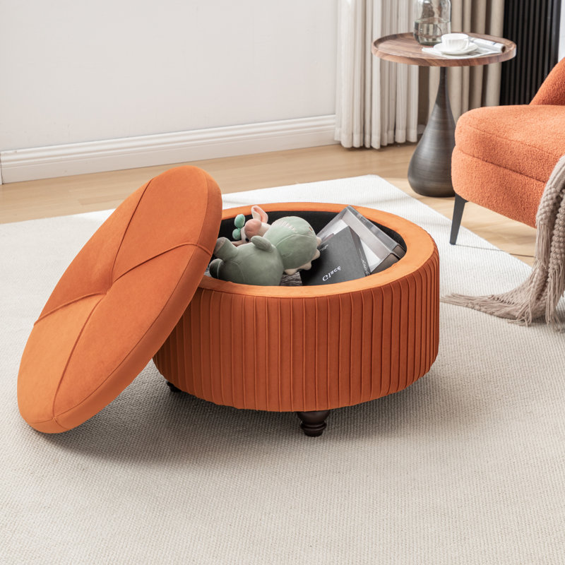 Repose-pieds rond avec rangement en velours Bula, Orange