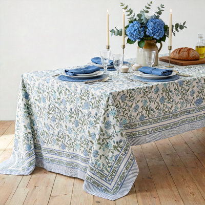 Nappe 100% coton, nappe d'automne à motif floral en lin (bleu Mahoka)