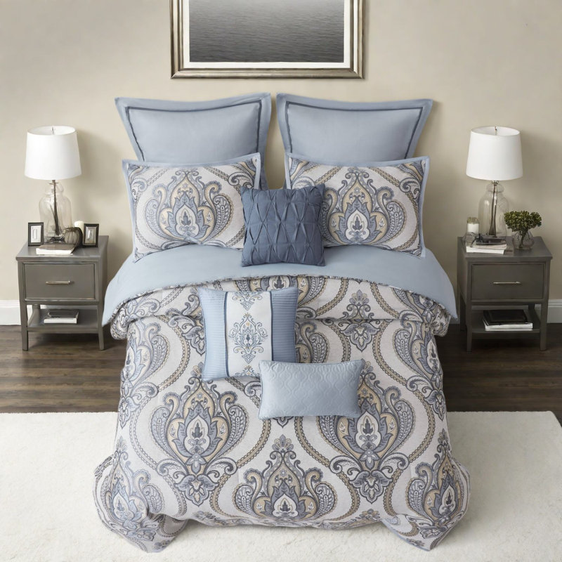De literie très grand californien, jacquard en polyester bleu, chambre élégante