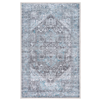 GLN Rugs Vintage Collection - Machine Washable Area Rug, Vintage Washable Rug, Non Slip Area Rug, Low Pile Living Room Rug, Bedroom Rug, Bathroom Rug - Easy Clean (Blue and Gray Area Rug)