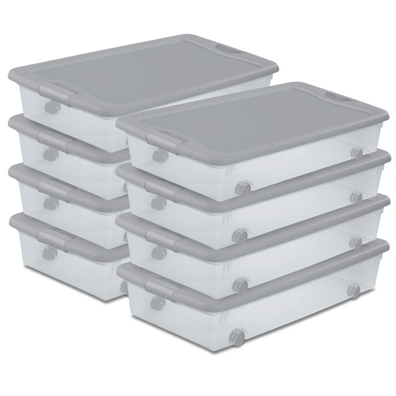  56 Qt Wheeled Under Bed Storage Container, Plastic Bin, Silver, 8 Pack