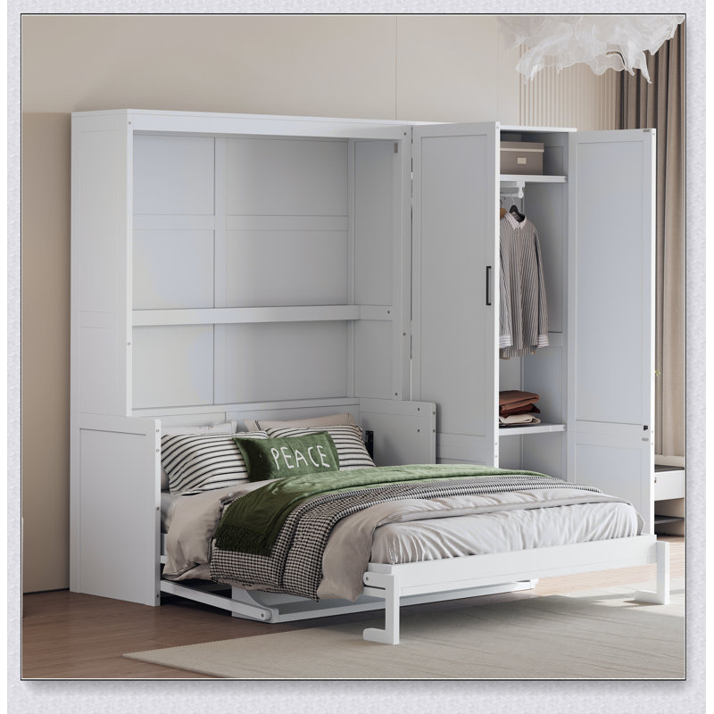 Grand lit escamotable mural avec placard, Blanc