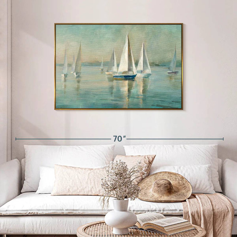 Voiliers au lever du soleil, Cadre flottant doré, 43 po x 29 po