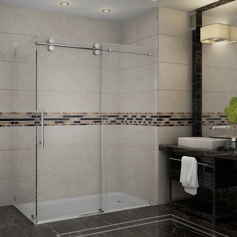 Langham 60" W x 75" H Frameless Rectangle Sliding Shower Enclosure with Fixed Panel