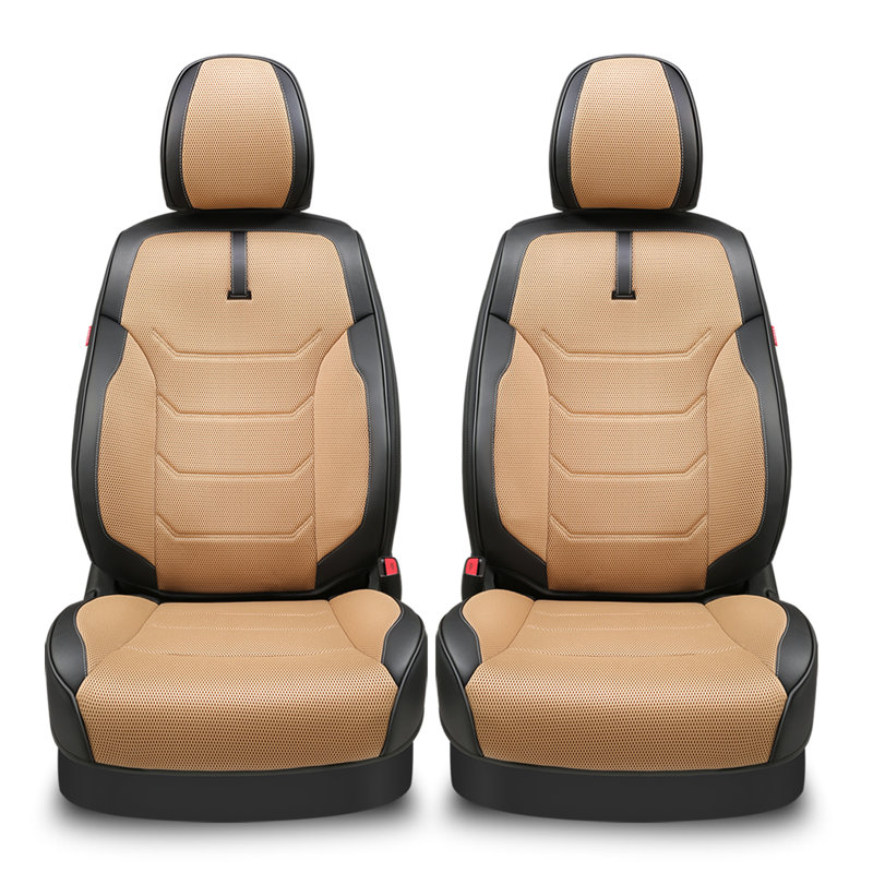 Sport Series Front Seat Covers With Airbag Compatible, Reserved Opening Holes For Headrest, Universal For Cars, Black/Tan