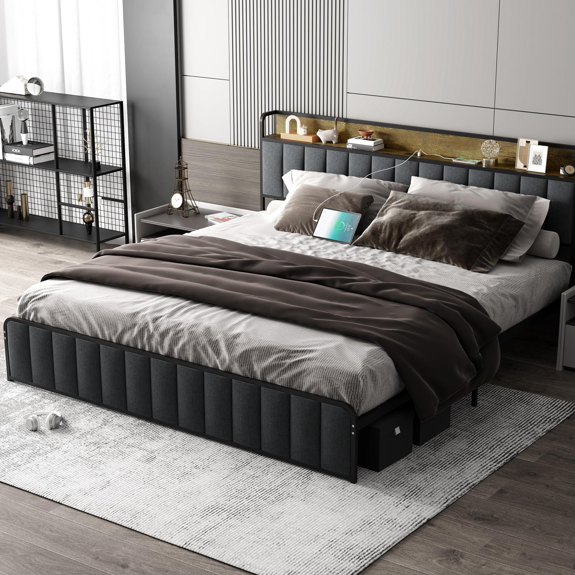 Ebern Designs Bed Frame With Storage Headboard And Charging Station ...