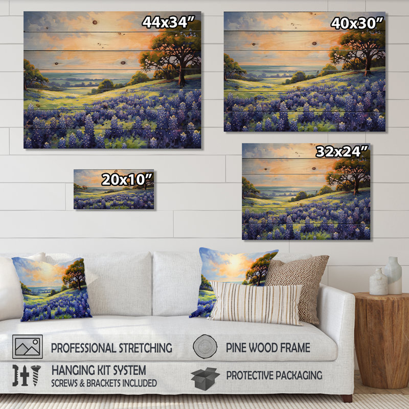 Blue Bonnets Ballet Meadows I - Blue Bonnets Wood Wall Art On Natural Pine Wood, 30" H x 40" W