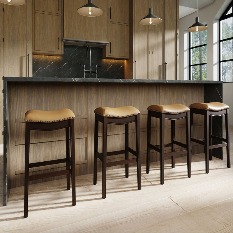 31in. H Bar-Height Wood Barstool with Faux-Leather Seat, 1PC, Brown