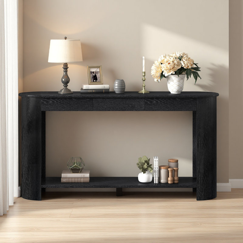 Console en placage de chêne moderne 59,8 po avec 3 tiroirs, table d'entrée de style campagnard avec tablette, table de canapé en bois de conception semi-circulaire