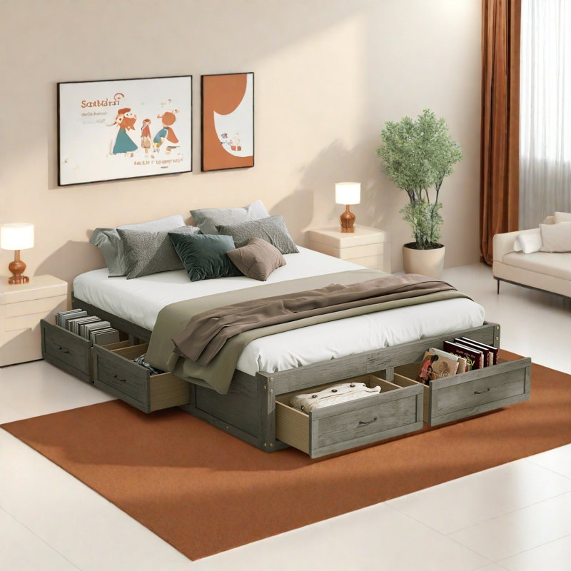 6 Drawers Storage Platform Bed, Antique Gray, Queen
