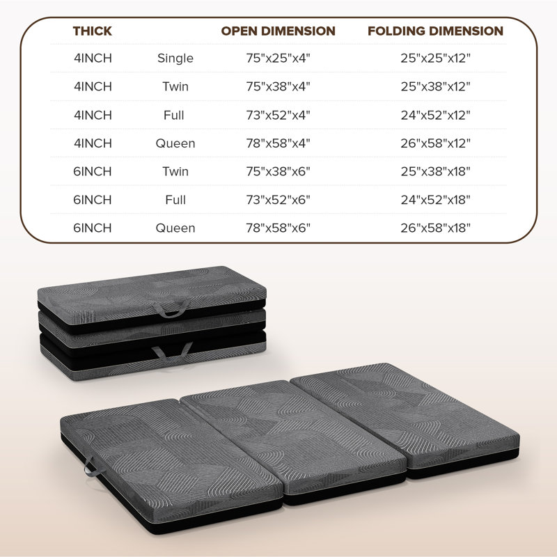 Matelas en mousse à mémoire de forme pliable 3 po Alwyn Home, matelas escamotable pliable avec housse lavable, Grand lit