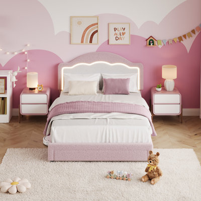 Bed Frame with LED Headboard, Plush Sherpa Fabric Upholstery, Slat Support (No Box Spring Needed)