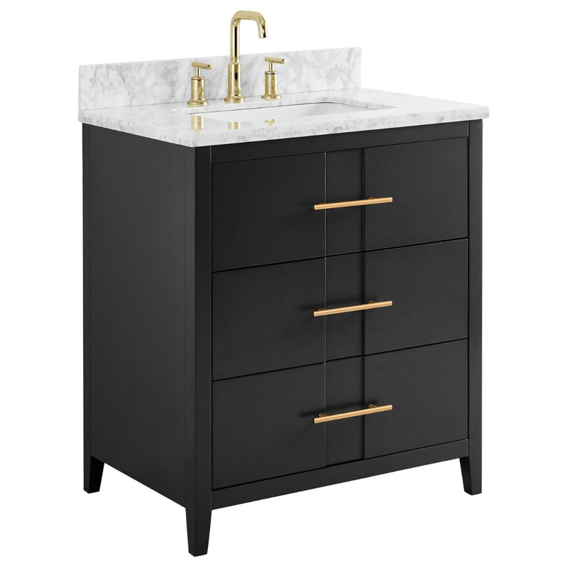 Ensemble de meuble-lavabo simple 30 po avec plateau en marbre de Carrare Marilena, Noir