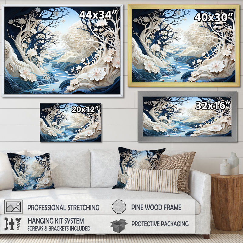 «White and Blue River Collage - Lakes and Rivers», reproduction d'art mural, H 24 po x l 32 po x P 1 po