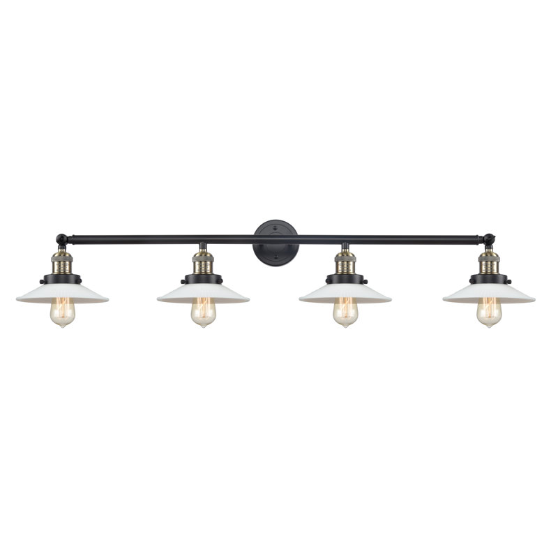 Reyhani 4 - Light Dimmable Vanity Light, Matte White Halophane, 60 Watt Vintage Incandescent Bulb, Satin Gold