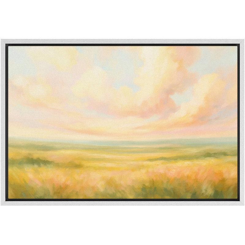 «Pastel Meadow Landscape with Open Fields and Gentle Sky», reproduction d'art sur toile encadrée, Cadre flottant blanc