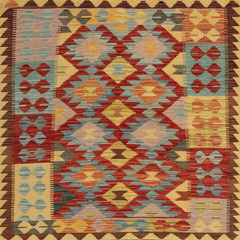 Rouge sud-ouest de LINDEL/jaune/Tapis décoratif bleu, Carré 7 pi