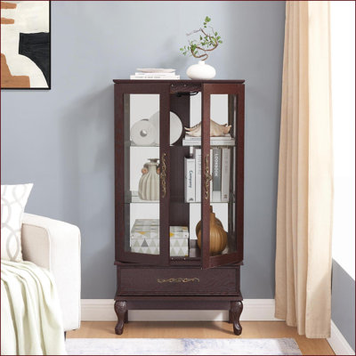 Cabinets: Lighted Glass Curio Cabinet with Adjustable Shelves, 2 Doors &amp; Drawer, Dark Cherry | Traditional | MDF+glass