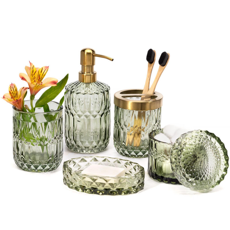 6 pièces d'accessoires de salle de bain en verre transparent, vert