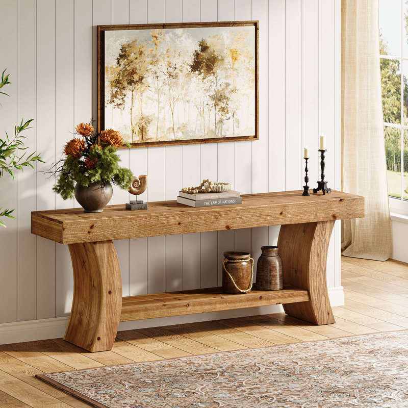 Console de 63 po en bois massif, table d'entrée de style campagnard, table de canapé avec tablettes à 2 niveaux, Naturel