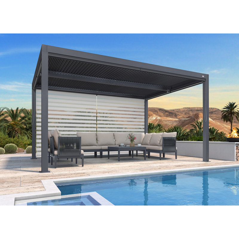 Aluminum Pergola with Roller Shade, 1 Long Side, Gray, 14' x 10
