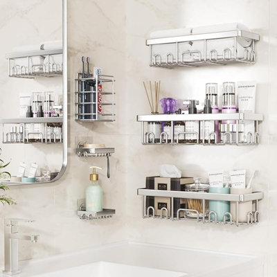 Stainless Steel Shower Caddy 6-Pack,Heavy Weight Bearing,Large Wall Mounted Shower Rack,Bathroom Shelves Over Toilet,Organizer Storage Accessories With Soap Dish&Toothbrush Holder,Silver