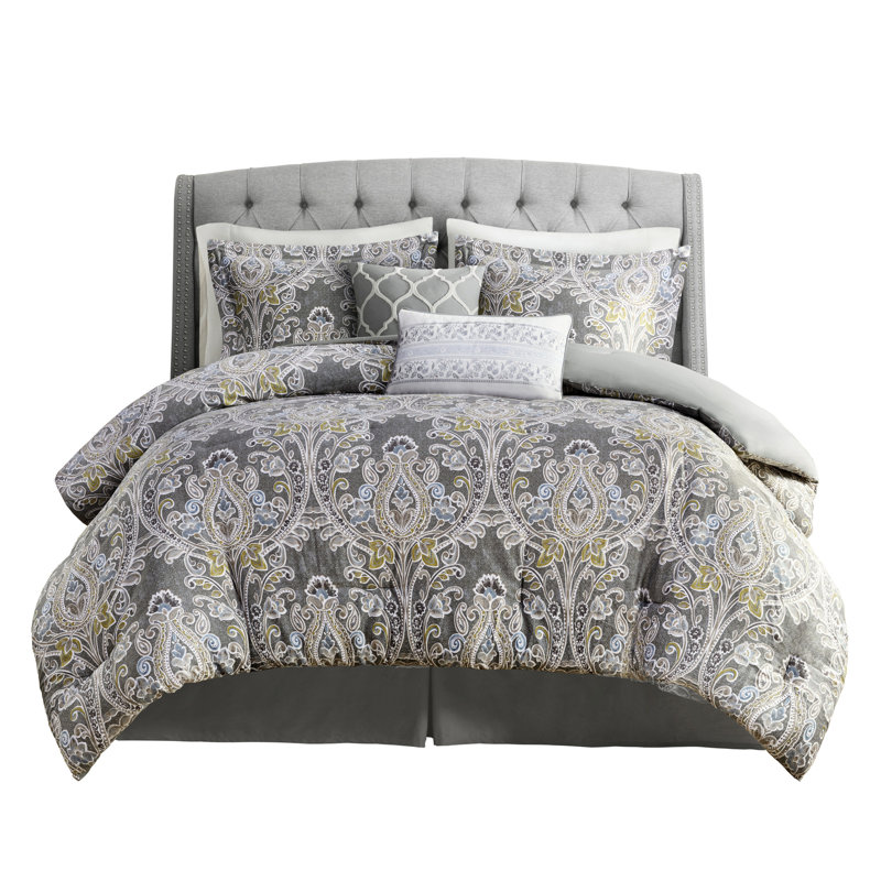 Édredon gris en coton 6 pièces - Motif séduisant avec détails bleu et jaune, Édredon double et 5 pièces supplémentaires