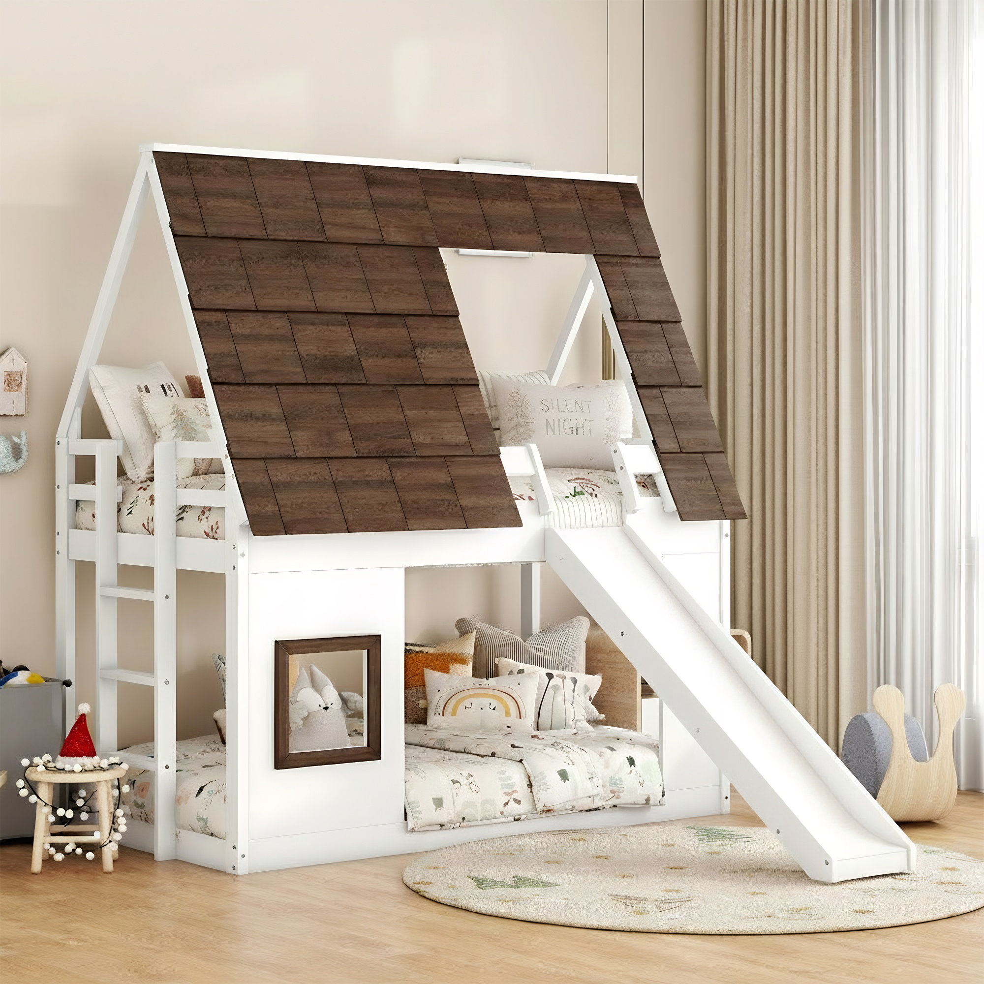 Ophelia & Co. Twin Over Twin Size House Shape Bunk Bed With Roof,Ladder ...