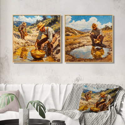 «USA California Gold Rush Cowboy I», art mural américain - ensemble d'art mural traditionnel 2 pièces