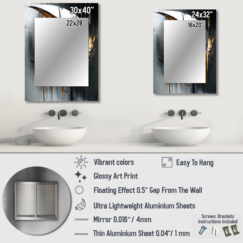 «Black and Gold Abstract Shapes and Lines II», formes abstraites, décor de miroir mural, grand miroir moderne, art imprimé en métal